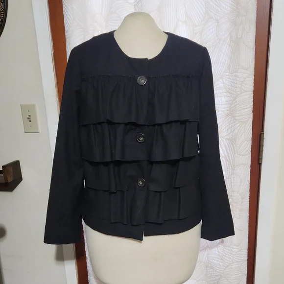 J. Crew 100 % Wool Cascade Black Ruffle Office To Dinner Blazer/Jacket - Picture 1 of 7